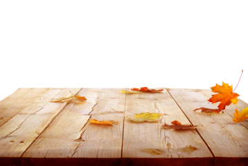 Autumn maple leaves on wooden background. Product podium