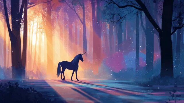 beautiful unicorn in magical forest illustrated animation