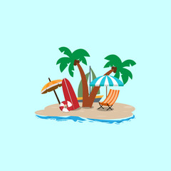 Vector illustration of a fresh flat design of a tropical island with palm trees and a lounge chair