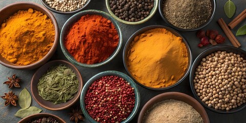 Colorful assortment of various ground spices and whole spices in bowls