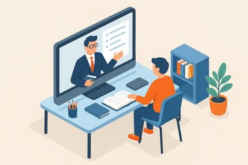 Isometric scene of online classroom with teacher on screen and student at desk — vector illustration