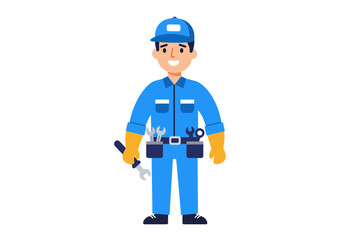 Cartoon Mechanic with Wrench and Blue Uniform
