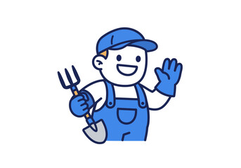 Cartoon Gardener Waving with Gardening Tools in Hand
