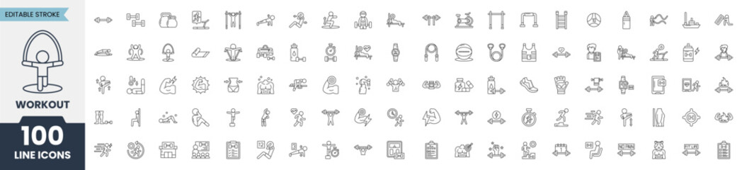 Fitness exercise workout icon set. Editable stroke. Vector illustration