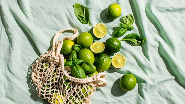 Fresh Green Limes and Basil Leaves in a Reusable Mesh Bag on a Light Fabric Background - Sustainable Living, Healthy Eating, and Eco-friendly Grocery Shopping