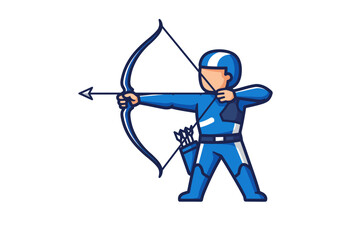 Cartoon Archer Aiming with Bow and Arrow in Blue Suit