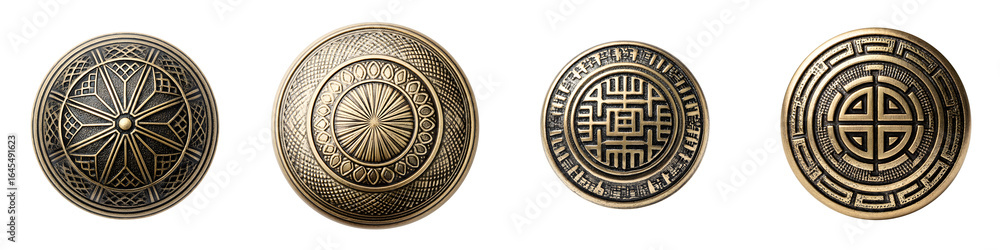 Poster ancient metallic shield designs: set of four isolated patterns