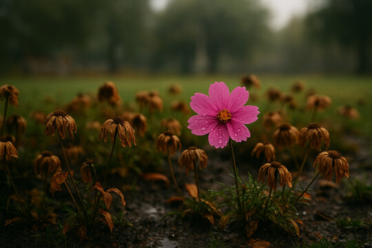 Fresh pink flower blooming among wilted flowers after rain