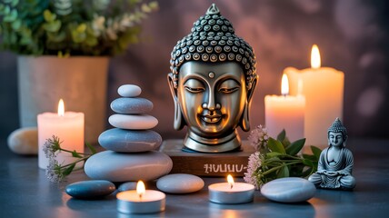 Buddha statue with stacked stones and lit candles meditation spiritual