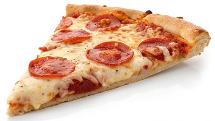Delicious slice of pepperoni pizza with melted cheese and tomato sauce, isolated on a white background