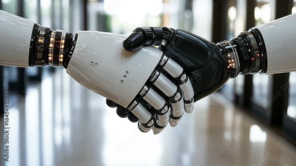 Poster robotic hands shaking symbol of collaboration and innovation in technology with sleek black and whit