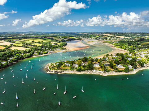 Feock from a drone, Carrick Roads, River Fal, Truro, Cornwall, UK