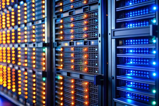 Server racks with blinking lights in a data center - Powered by Adobe