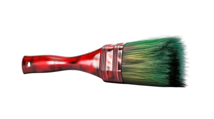 Vibrant red handle paint brush with green and yellow bristles, a tool for artistic expression and home renovation projects, evokes creativity and DIY spirit