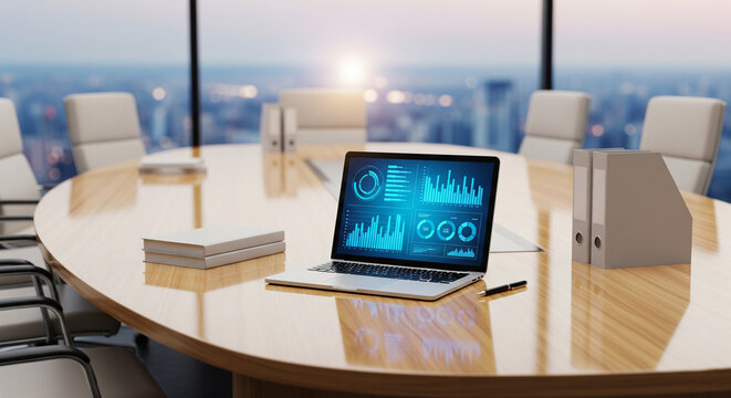 Modern Conference Room with Laptop Displaying Business Data and City Skyline View