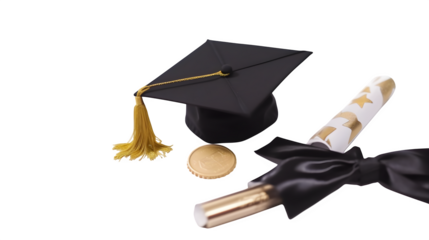 Celebrate graduation success with a stylish cap, diploma, and gold coin symbolizing achievement, perfect for graduation announcements and educational materials