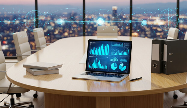 Global Business Analytics in Modern Conference Room with Network Overlay and City View
