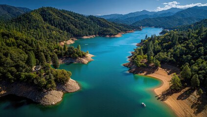 Obraz premium An aerial view of a serene, turquoise lake nestled within a deep valley, flanked by lush green mountains and punctuated by sandy beaches and a lone boat