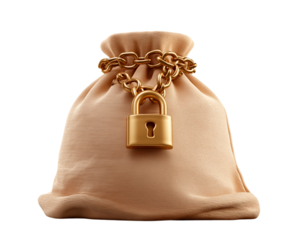 Money protection, money bag with a golden lock and chain  isolated on a transparent background - Powered by Adobe