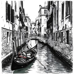 Fototapeta premium Gondola in a narrow, black and white Venetian canal, under a stone bridge