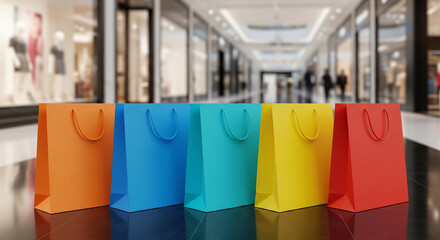 A row of colorful shopping bags in a mall with storefronts and people in the background blurred out