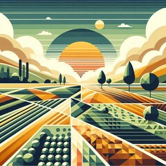 Abstract Boho Polygon Green Landscape. AI generated illustration