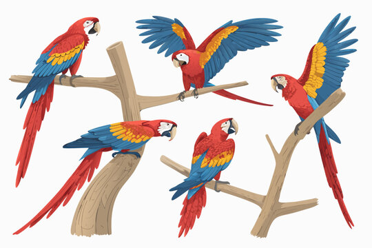 A cartoon vector illustration of a cute blue and yellow macaw parrot with a red beak sitting on a branch, isolated on a white background