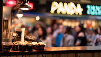 Food stall counter with various snacks and drinks, under a hanging lamp, with a bustling night market scene in the background.