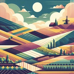 Trianglify green fields in boho abstraction. AI generated illustration