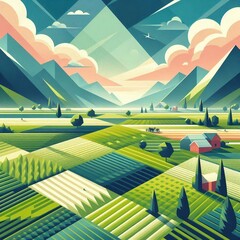 Modern Boho Farm Field Polygon Art. AI generated illustration