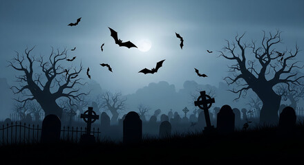abstract silhouette of graveyard under foggy night sky, bats flying, distant moon glow, cinematic halloween horror background
