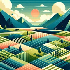 Modern farmland tiles in boho geometric style. AI generated illustration