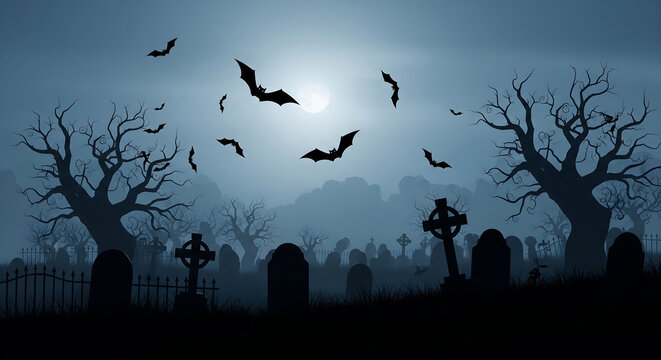 abstract silhouette of graveyard under foggy night sky, bats flying, distant moon glow, cinematic halloween horror background