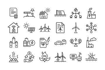 Renewable Energy and Low Emission Sustainable Power System Line Icon Set. Solar, wind, hydro, hydrogen, electric cars, green energy, carbon footprint, and more. Editable stroke. Vector illustration.