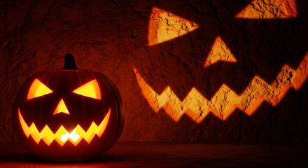 carved pumpkin jack-o-lantern light casting spooky shadows on textured dark wall, warm orange glow, minimal halloween abstract scene