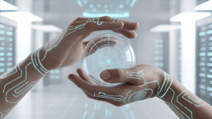 Futuristic hands with a glowing user interface holding a digital globe with network connections in a modern data center, representing global technology and AI.