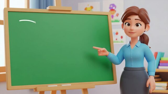 Animated teacher presenting lesson on chalkboard in colorful classroom setting, ideal for education