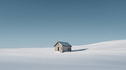 Fototapeta premium Isolated small house in a serene snowy field creating a cozy atmosphere in a winter landscape