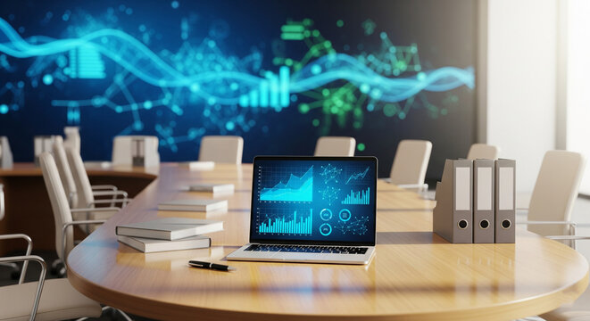 Modern Boardroom with Laptop Displaying Digital Business Analytics and Futuristic Data Visualizations