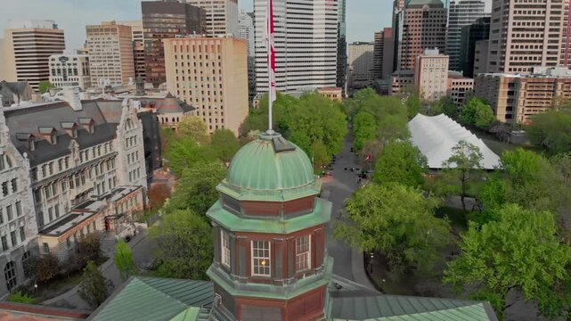 Aerial view of McGill University campus in Montreal, Canada. Students attend classes and enjoy the green spaces on a sunny day.