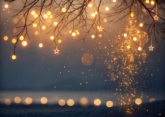 Obraz premium holiday illumination and decoration concept - christmas garland bokeh lights over dark blue background