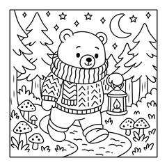 Cozy Sweater Bear in Woodland – Autumn Night Illustration