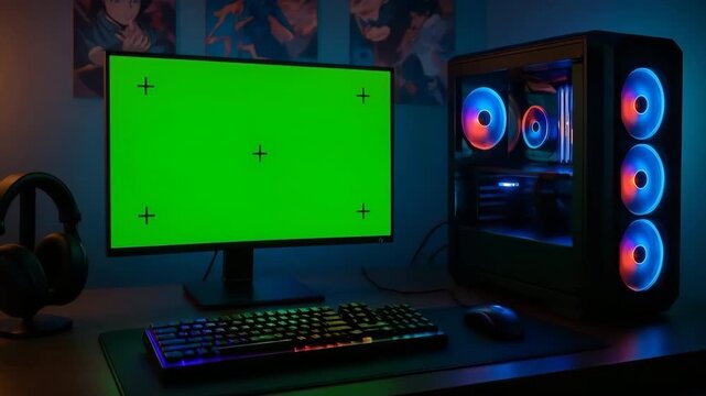 A modern desktop gaming setup featuring a green screen monitor and a high-end RGB-lit PC case with cooling fans.