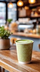 Fototapeta premium Close-up of a beautifully crafted green matcha latte in an artistic cup on a wooden table in a cafe setting