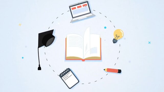 Graduation cap, open book, and creative ideas in animated 2D flat style for education and learning concepts
