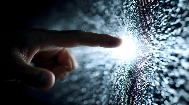 Close-up of a finger pointing at a glowing light spot on a futuristic display - Powered by Adobe