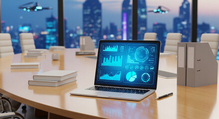 Futuristic Boardroom with Data Dashboard on Laptop and Sci-Fi City Skyline
