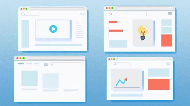Multiple browser windows with creative ideas in flat animated style for web design and development concepts