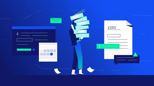  Businessman overloaded with documents and tasks in animated flat style for stress and deadline concepts