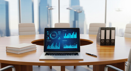 Modern Executive Boardroom with Laptop Displaying Business Analytics and City Skyline